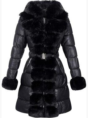 Warm Winter Puffer Jacket with Faux Fur Hooded Collar Long Leather Overcoat